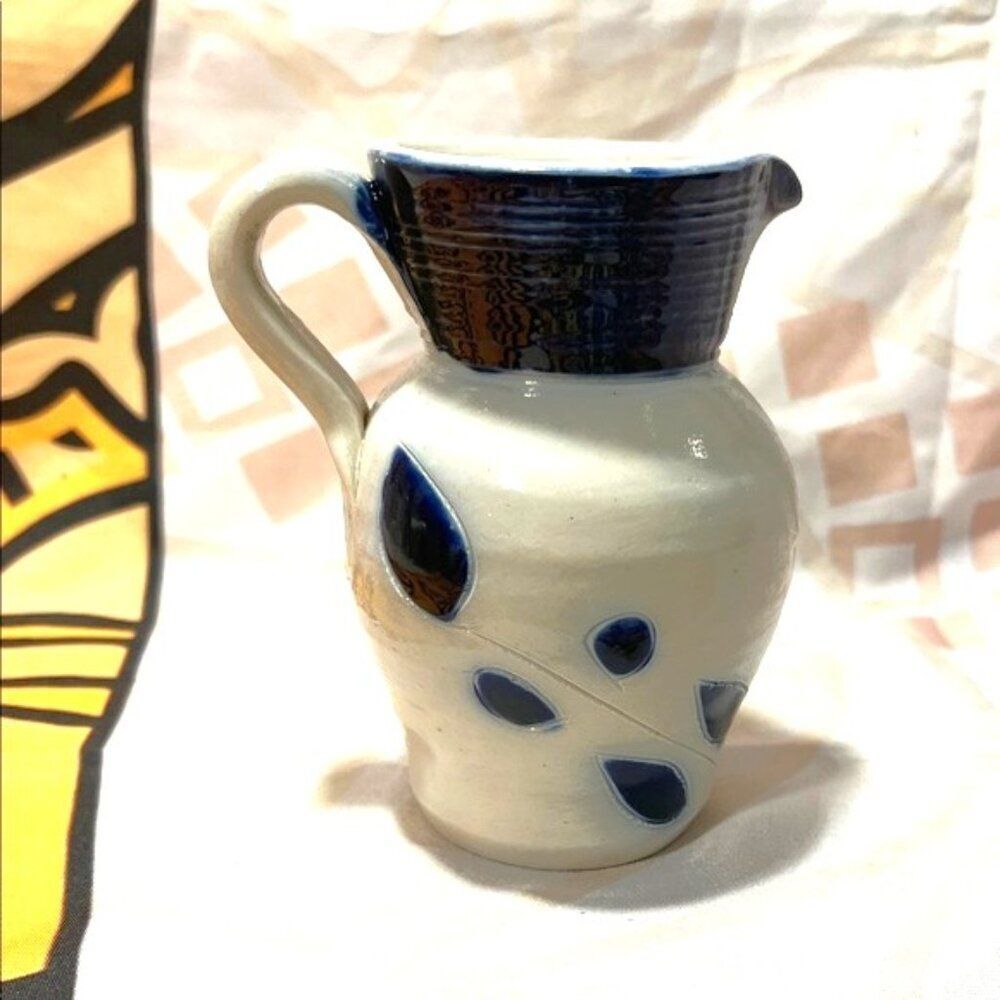 Vintage Williamsburg Pottery Salt Glaze Cobalt Blue and White Stoneware Pitcher